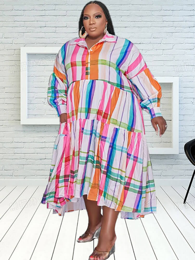 Long Sleeve Printed Colorful Midi Dresses Tiynon