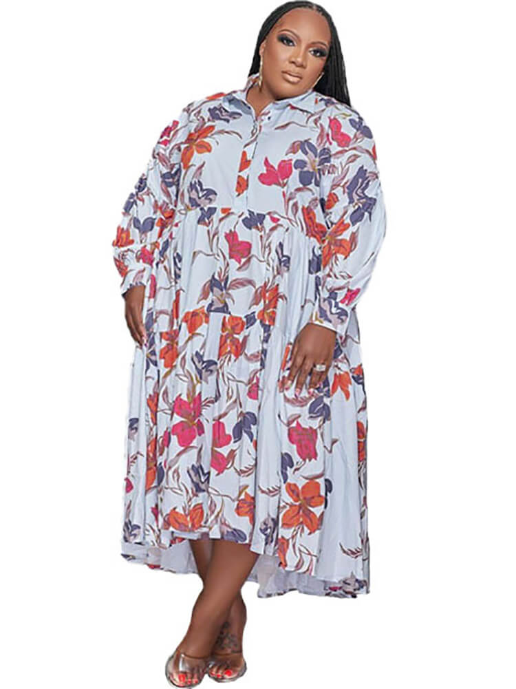 Long Sleeve Printed Colorful Midi Dresses Tiynon