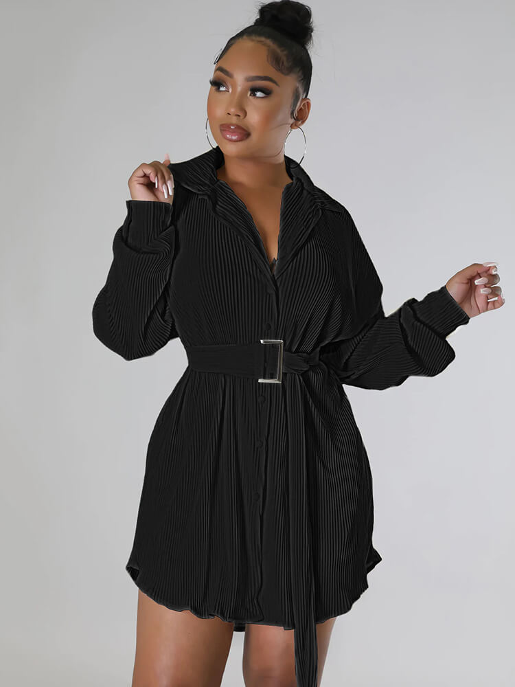 Long Sleeve Ribbed Mini Shirt Dresses Tiynon