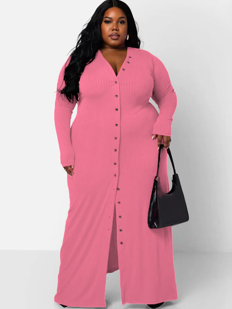 Long Sleeve Ribbed Solid Bodycon Maxi Dresses Tiynon