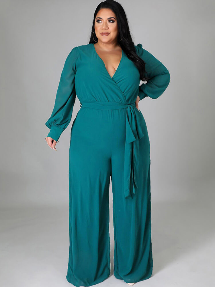 Long Sleeve Solid Bodycon Wide Leg Jumpsuits Tiynon