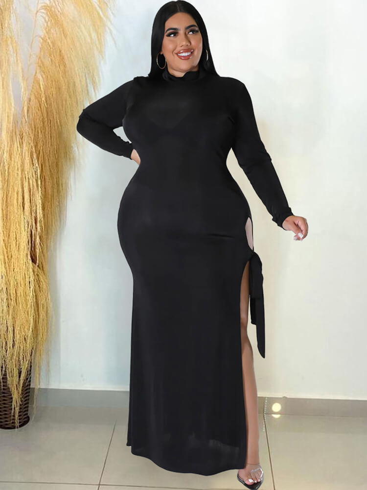 Long Sleeve Solid Lace Up Split Maxi Dresses Tiynon