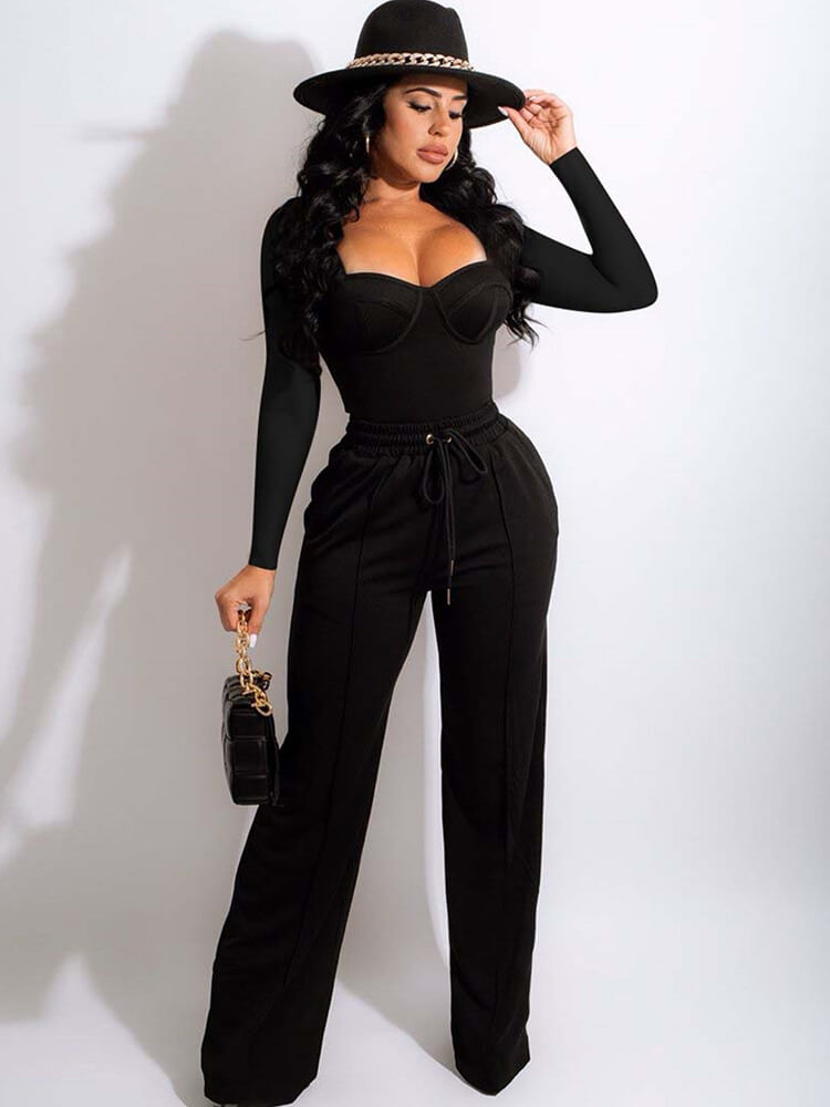 Long Sleeve Square Neck Top & Wide Leg Pants Tiynon