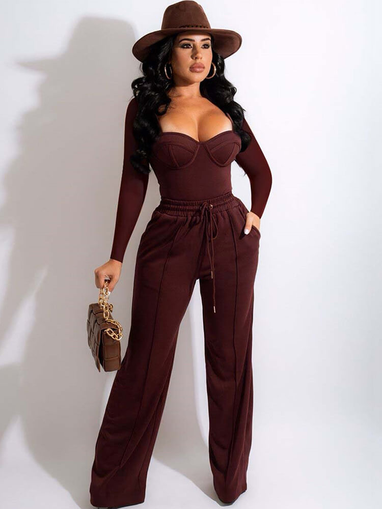 Long Sleeve Square Neck Top & Wide Leg Pants Tiynon