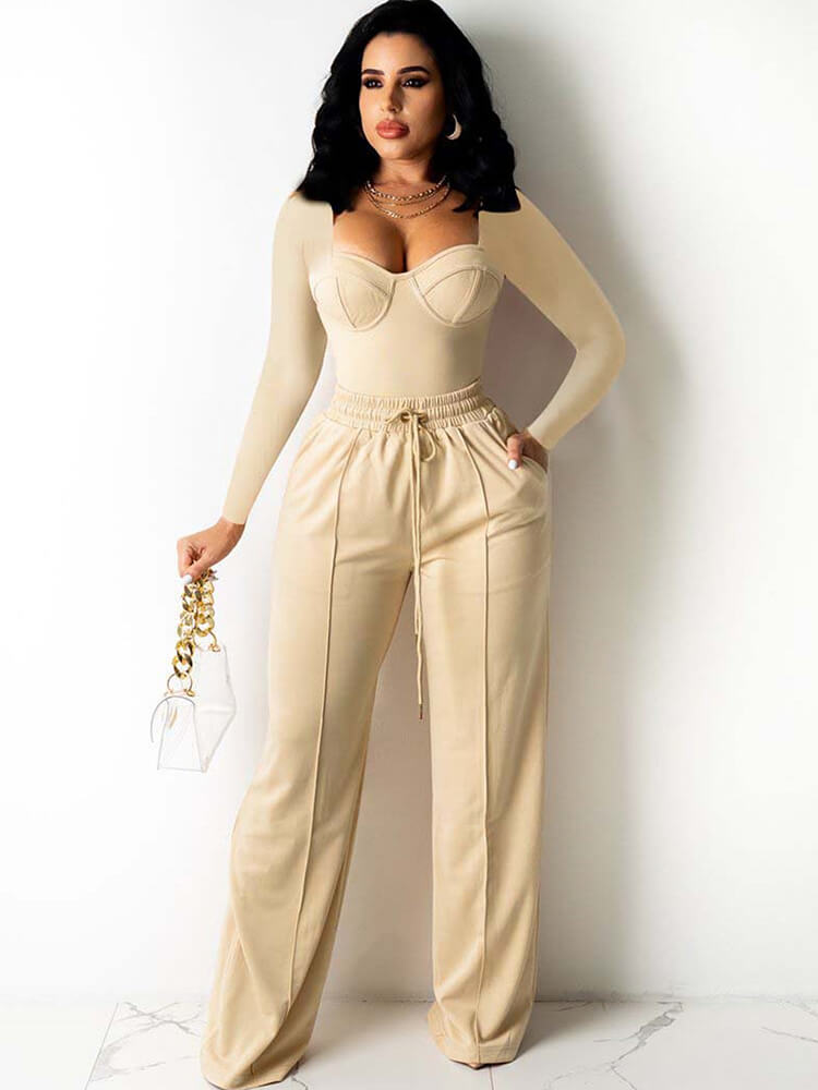 Long Sleeve Square Neck Top & Wide Leg Pants Tiynon