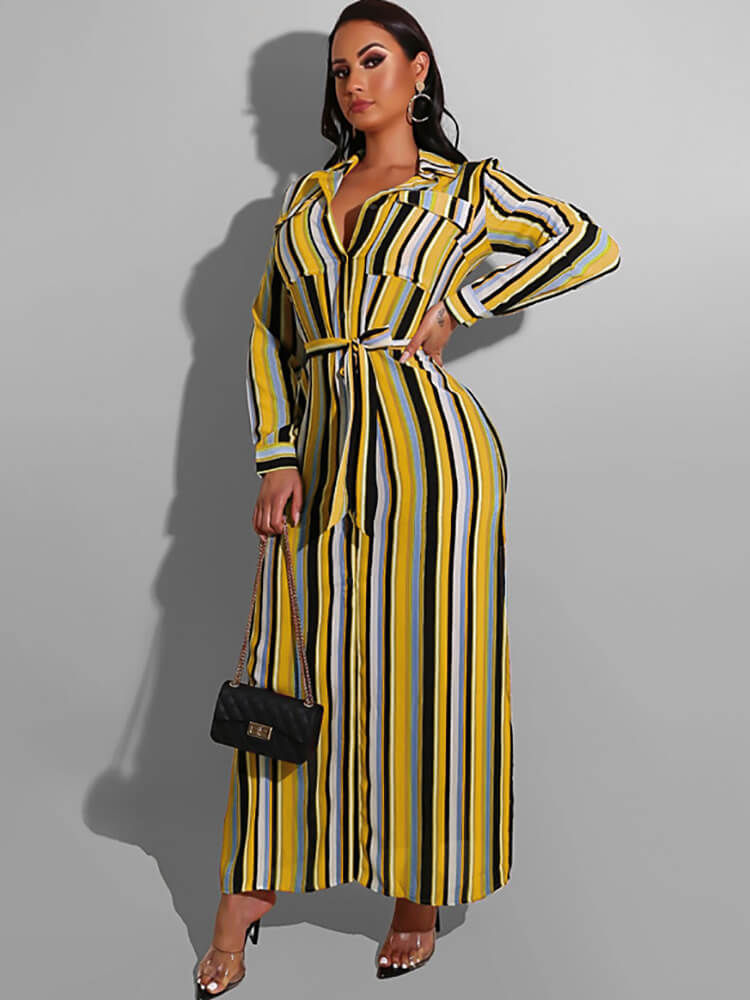 Long Sleeve Striped Lace Up Maxi Dresses Tiynon