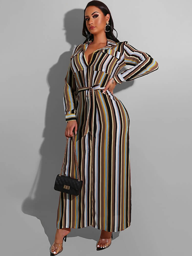 Long Sleeve Striped Lace Up Maxi Dresses Tiynon