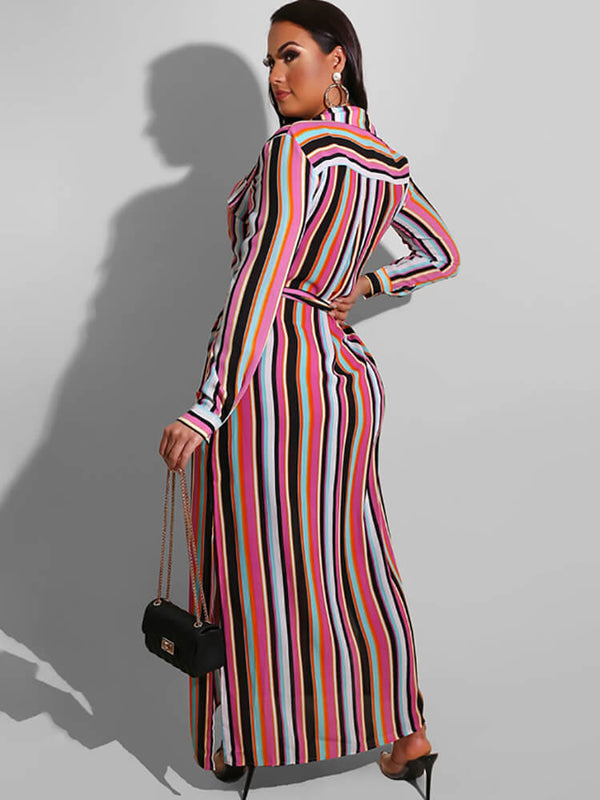 Long Sleeve Striped Lace Up Maxi Dresses Tiynon