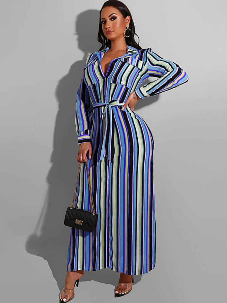 Long Sleeve Striped Lace Up Maxi Dresses Tiynon