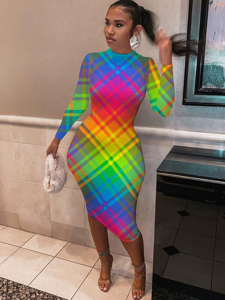 Long Sleeve Tie Dye Grid Print Midi Dress Tiynon