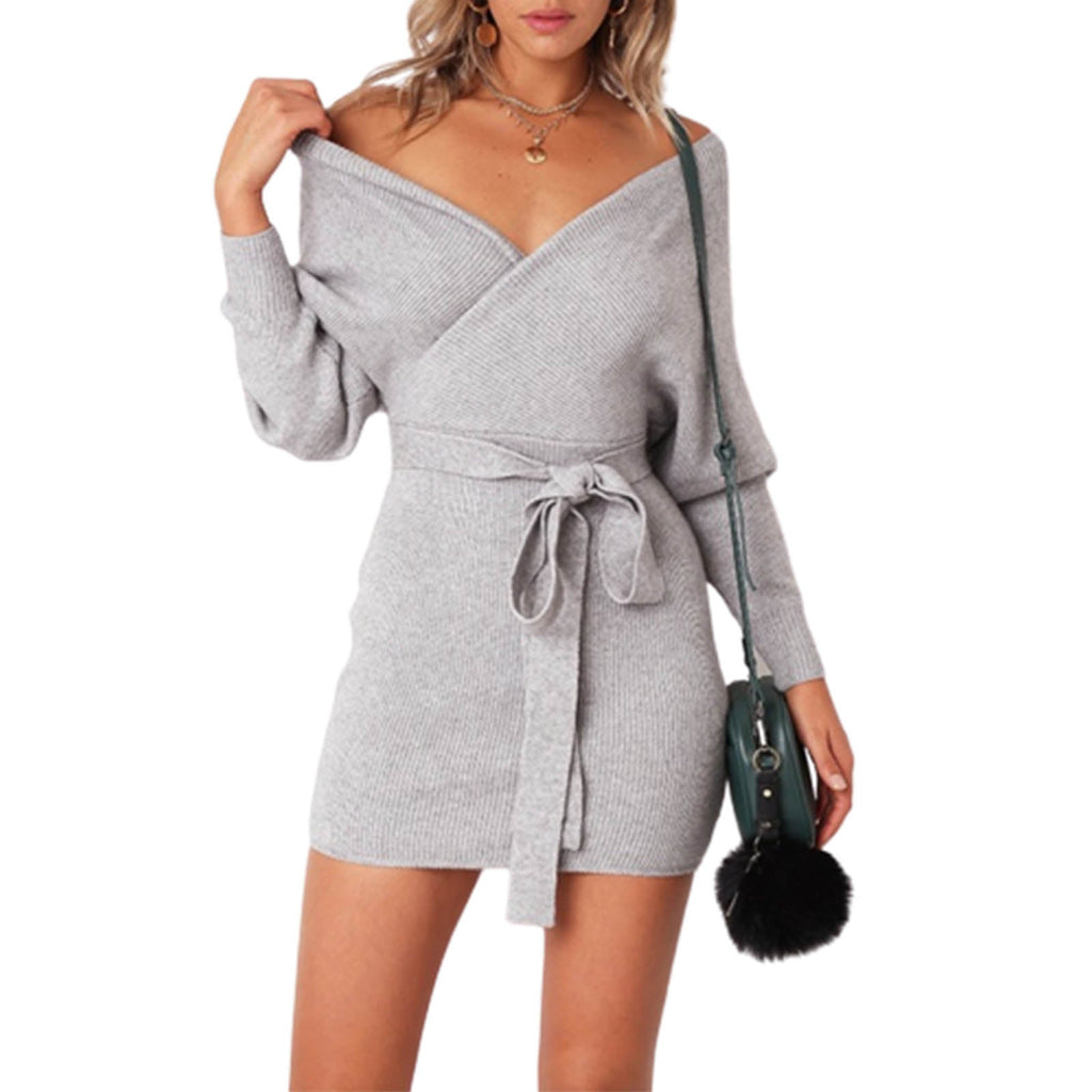 Long Sleeve V Neck Belted Mini Dresses Tiynon