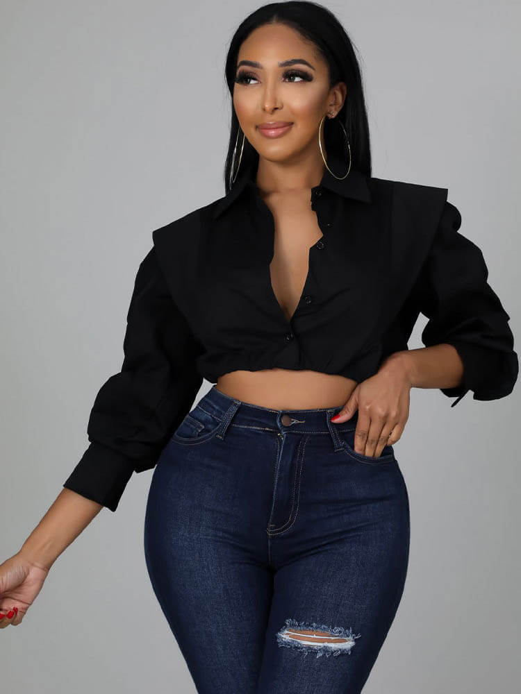 Long Sleeve V Neck Crop Top Tiynon