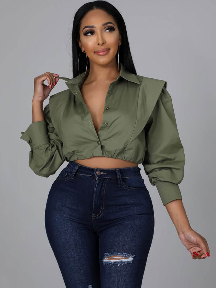 Long Sleeve V Neck Crop Top Tiynon