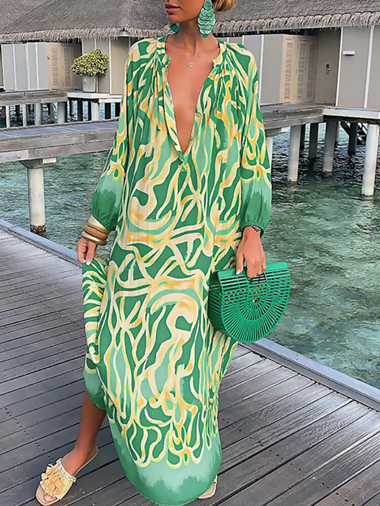 Long Sleeve V Neck Floral Print Maxi Dresses Tiynon