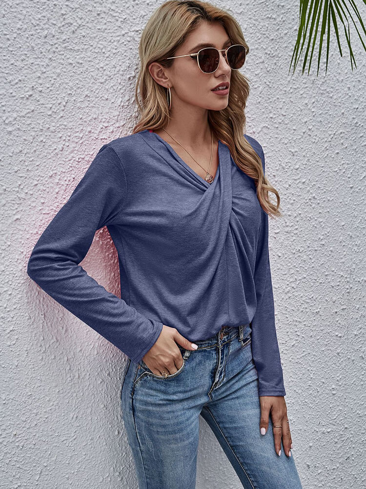 Long Sleeve V Neck Knot Twist Front Top Tiynon