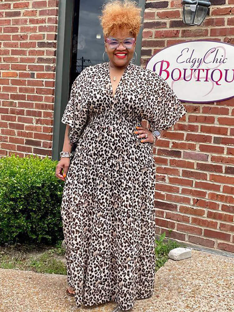 Long Sleeve V Neck Leopard Swing Maxi Dress Tiynon