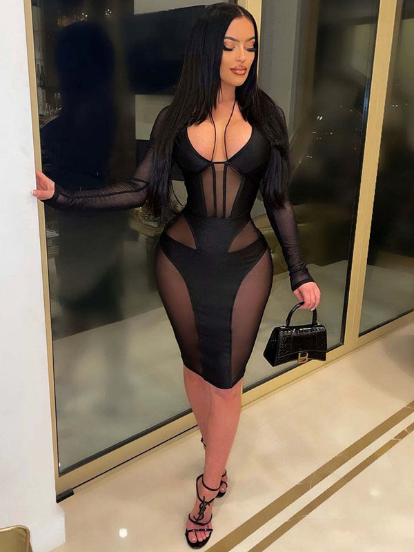 Long Sleeve V Neck Mesh Midi Dresses Tiynon