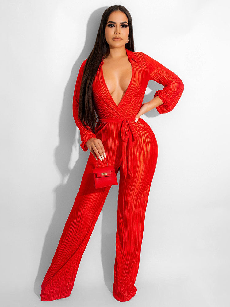 Long Sleeve V Neck Ribbed Wide Leg Jumpsuits Tiynon