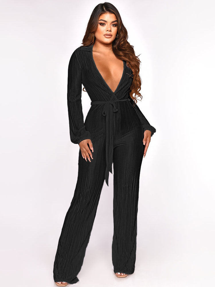 Long Sleeve V Neck Ribbed Wide Leg Jumpsuits Tiynon