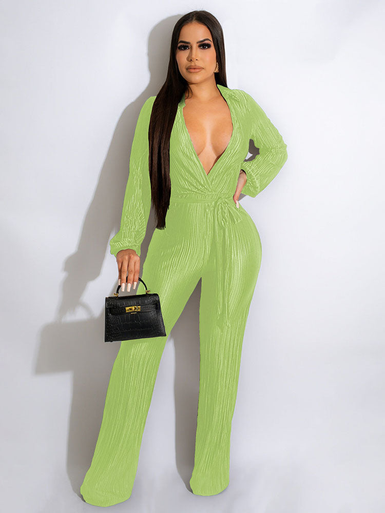 Long Sleeve V Neck Ribbed Wide Leg Jumpsuits Tiynon