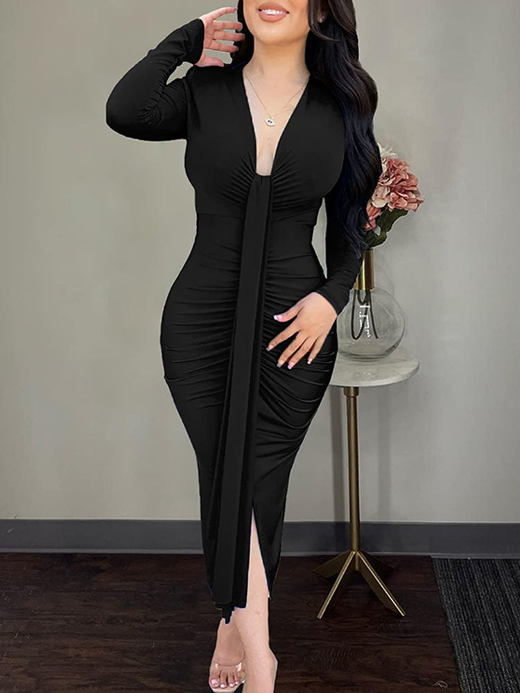 Long Sleeve V Neck Ruched Bodycon Midi Dresses Tiynon