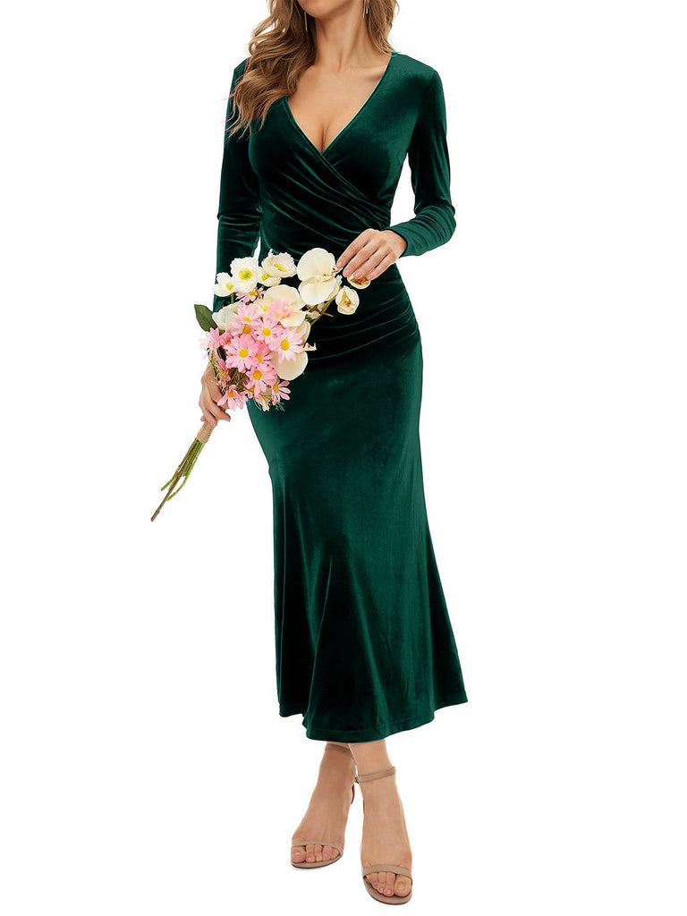 Long Sleeve V Neck Ruched Midi Dresses Tiynon