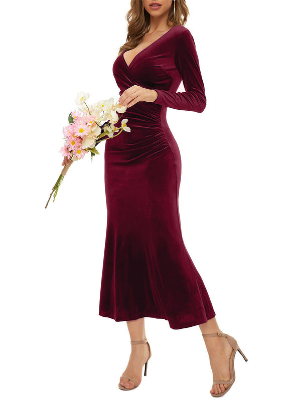 Long Sleeve V Neck Ruched Midi Dresses Tiynon