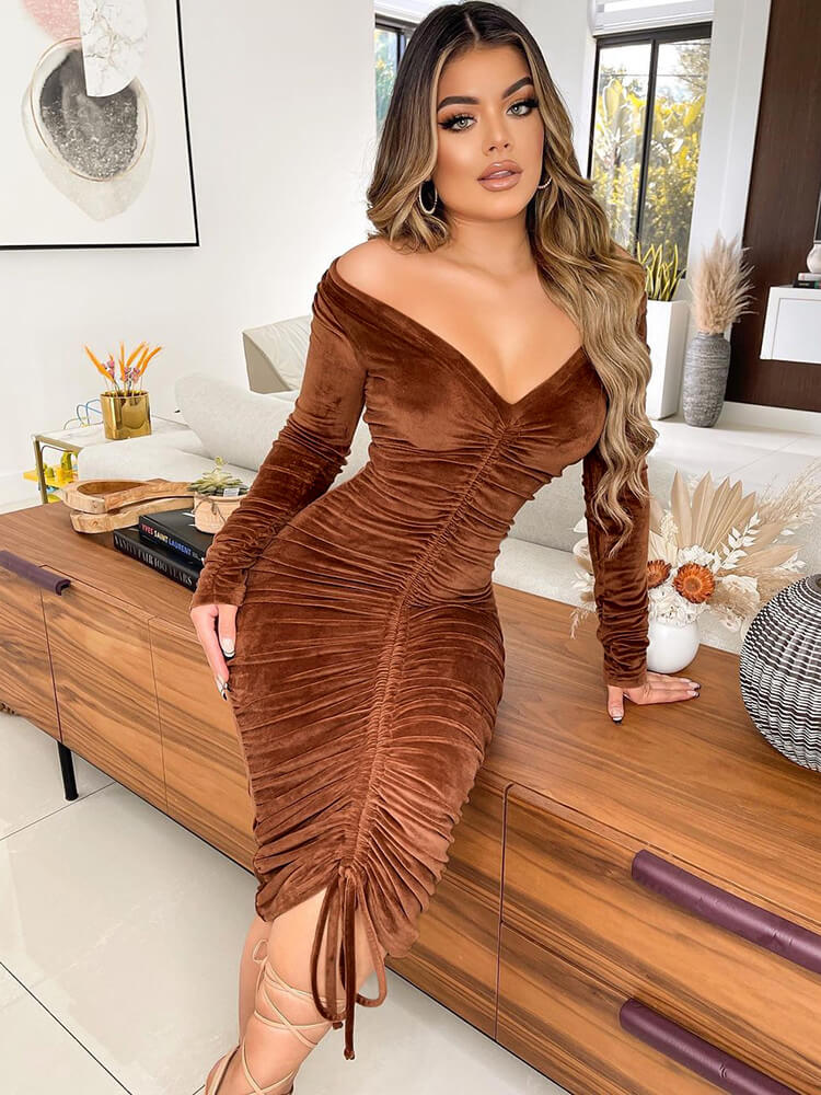 Long Sleeve Velvet Midi Dress Tiynon