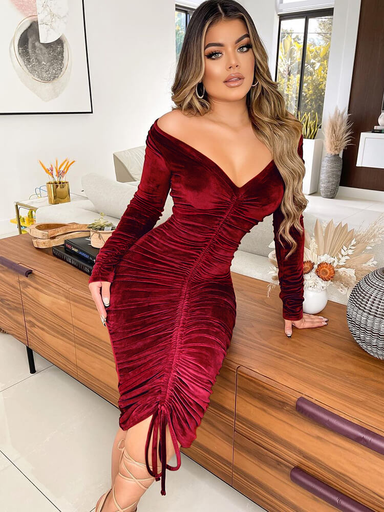 Long Sleeve Velvet Midi Dress Tiynon