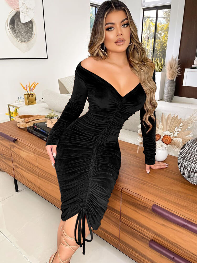 Long Sleeve Velvet Midi Dress Tiynon