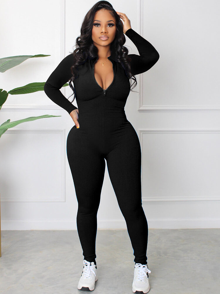 Long Sleeve Zipper Front Bodycon Jumpsuits Tiynon