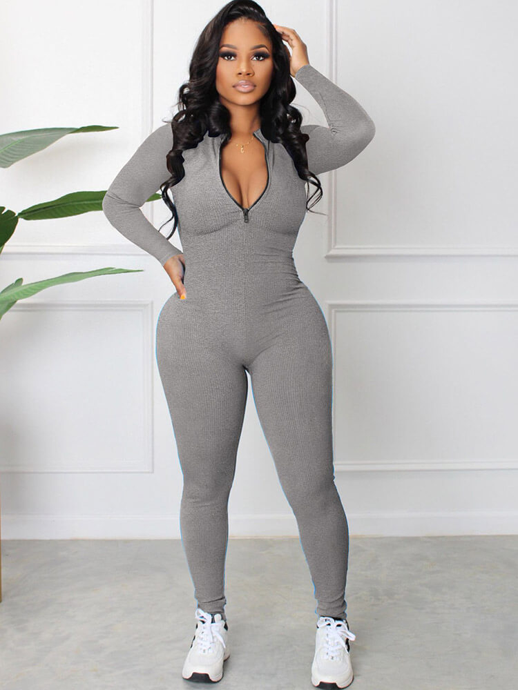 Long Sleeve Zipper Front Bodycon Jumpsuits Tiynon