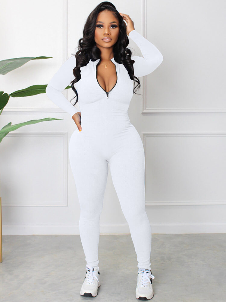 Long Sleeve Zipper Front Bodycon Jumpsuits Tiynon