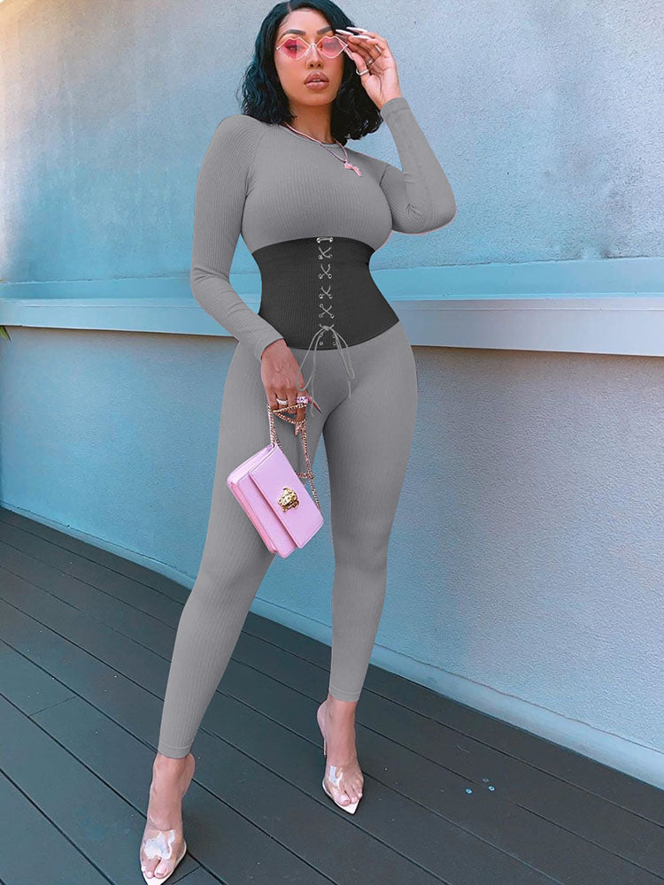 Long Sleeves Color Block Tie Up Jumpsuits Tiynon