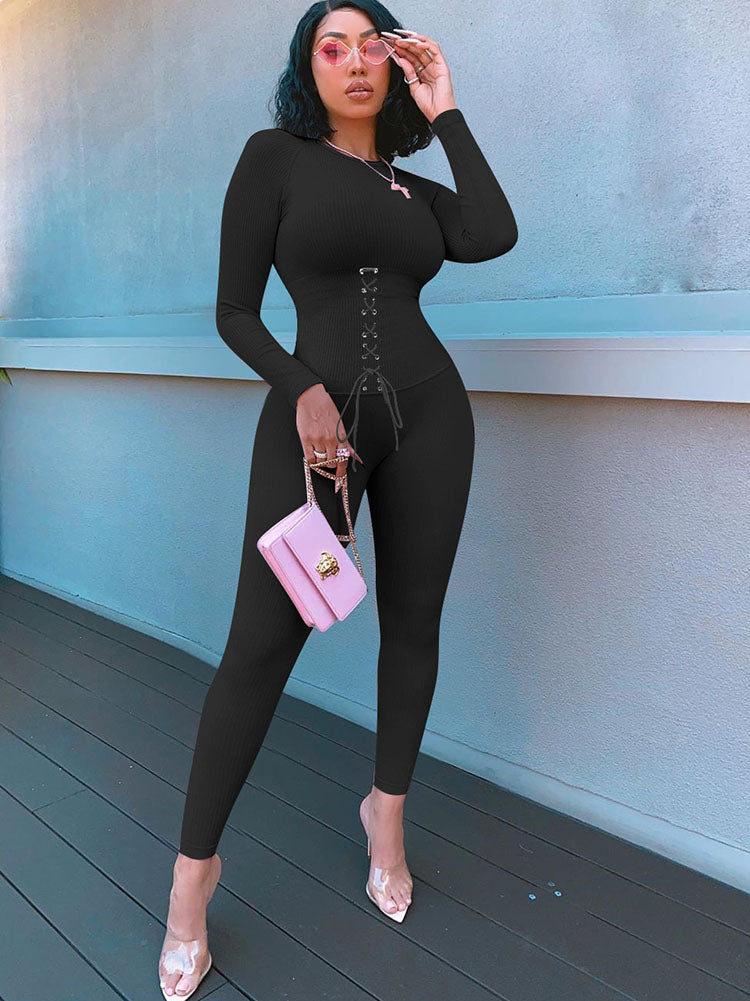 Long Sleeves Color Block Tie Up Jumpsuits Tiynon