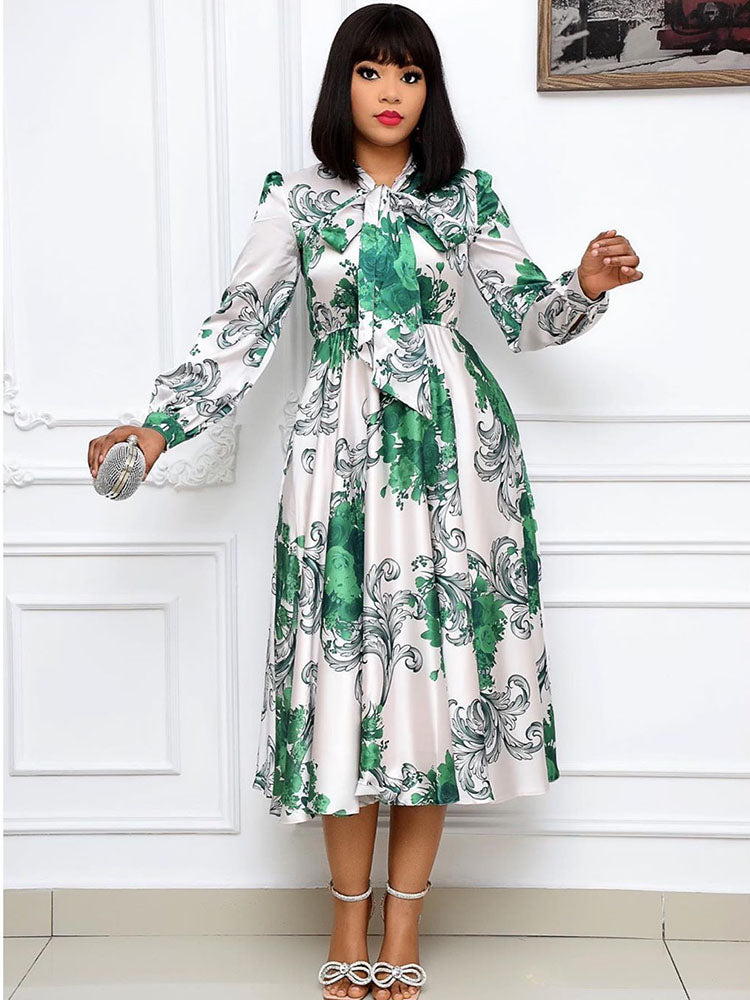 Long Sleeves Floral Print Midi Dresses Tiynon