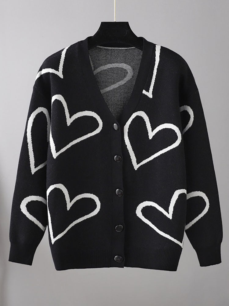 Long Sleeves Heart Print Ribbed Knit Coats Tiynon