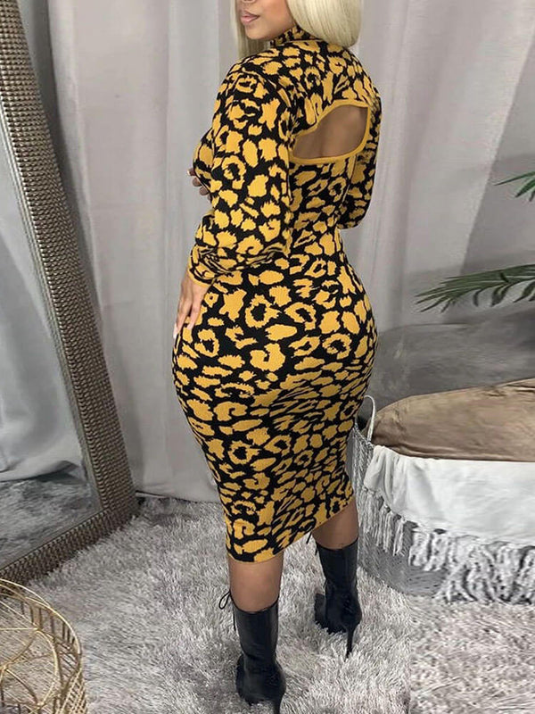 Long Sleeves Leopard Primt Midi Dresses Tiynon