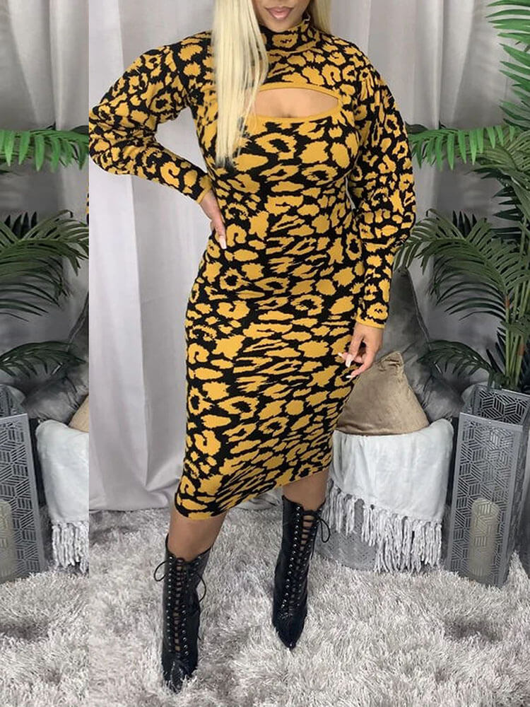 Long Sleeves Leopard Primt Midi Dresses Tiynon