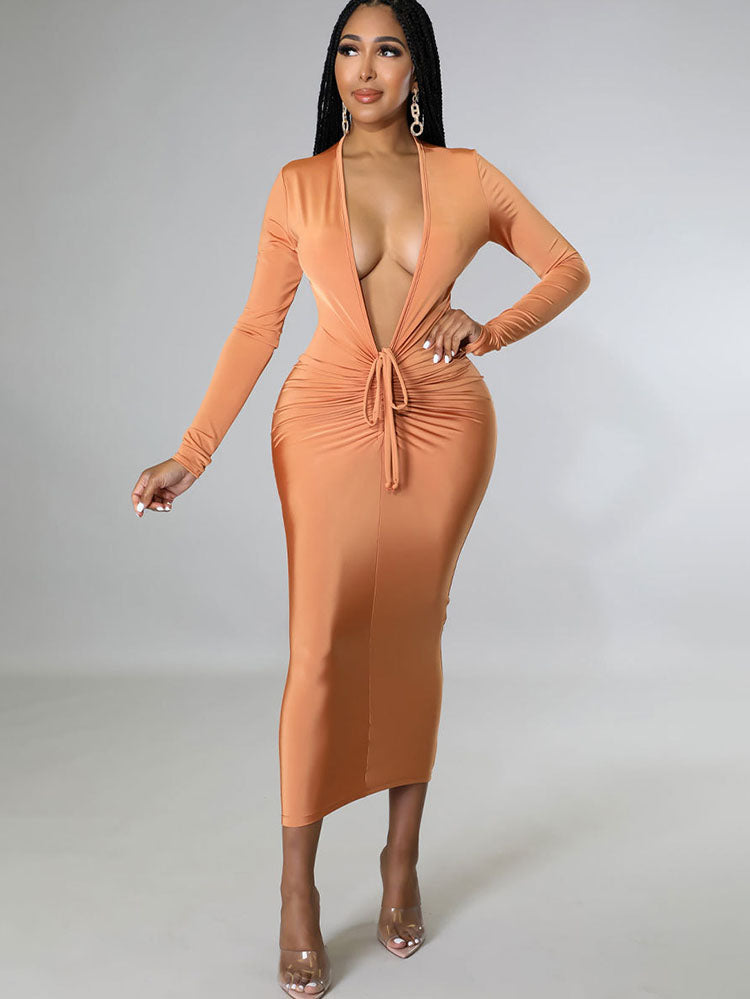 Long Sleeves Low Cut Ruched Midi Dresses Tiynon