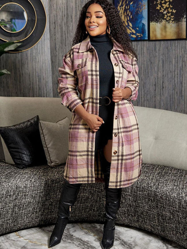 Long Sleeves Plaid Print Long Coats Tiynon