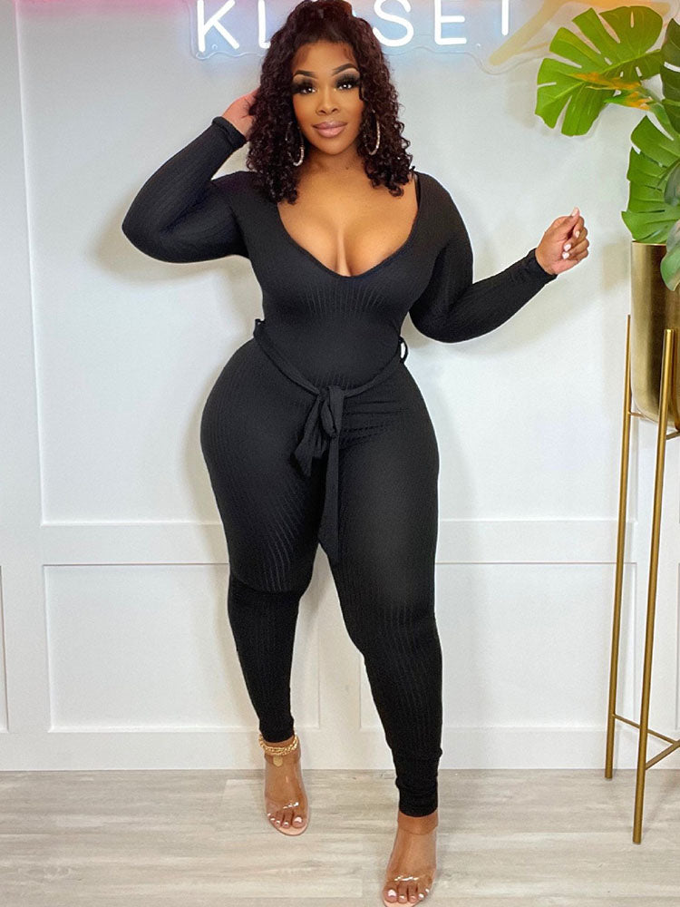 Long Sleeves Ribbed Belted Bodycon Jumpsuits Tiynon