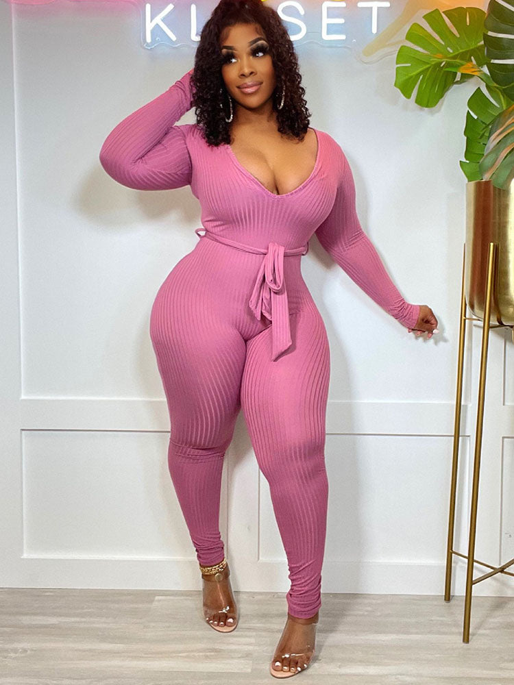 Long Sleeves Ribbed Belted Bodycon Jumpsuits Tiynon