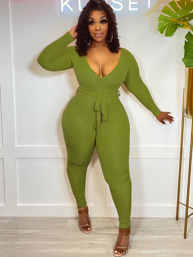 Long Sleeves Ribbed Belted Bodycon Jumpsuits Tiynon