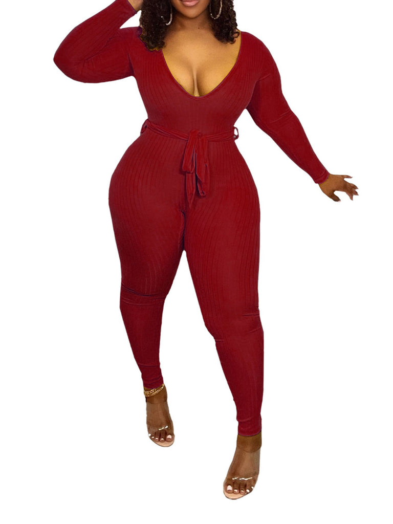 Long Sleeves Ribbed Belted Bodycon Jumpsuits Tiynon