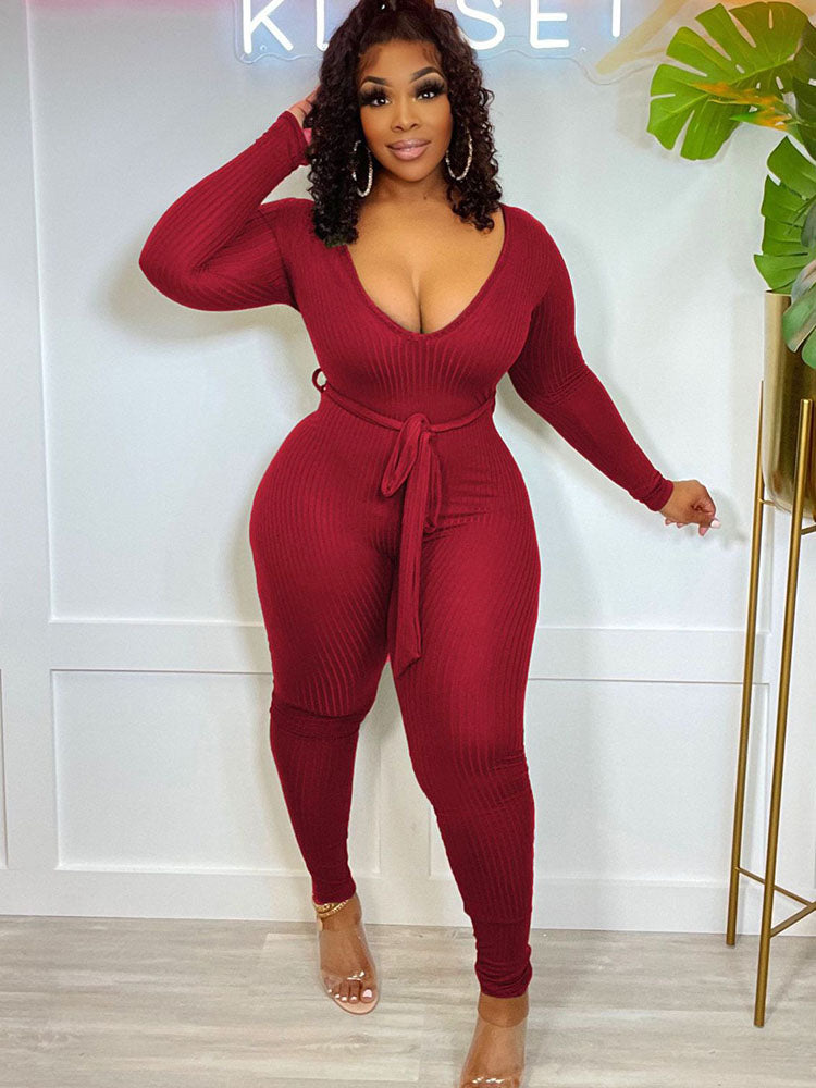 Long Sleeves Ribbed Belted Bodycon Jumpsuits Tiynon