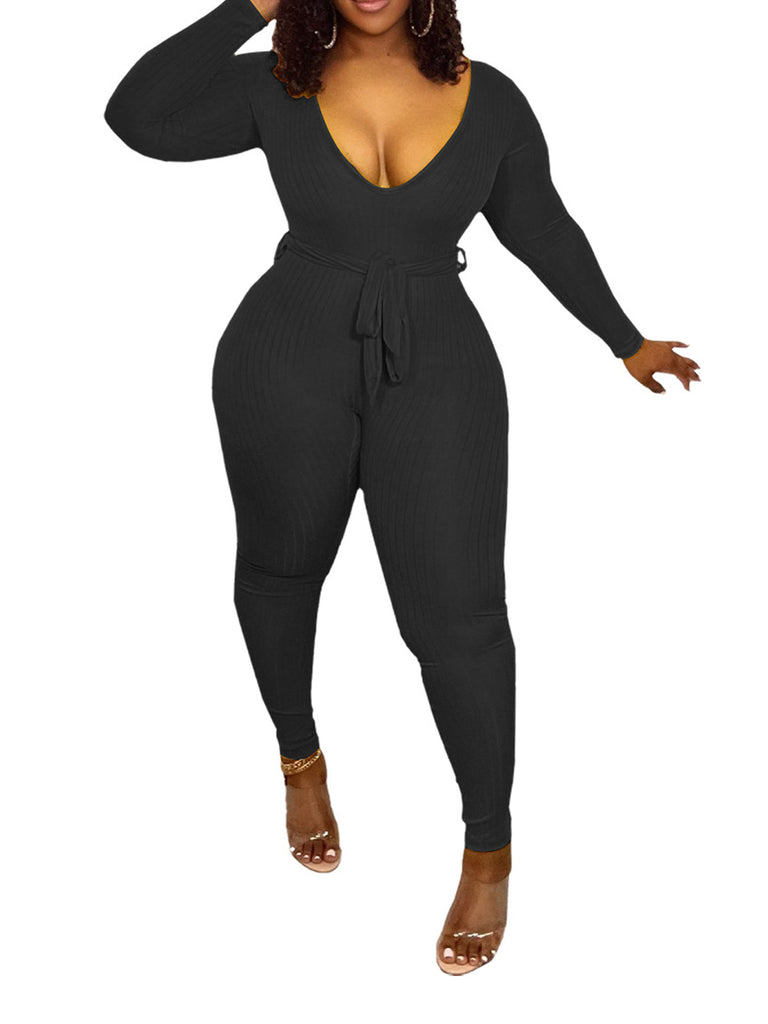 Long Sleeves Ribbed Belted Bodycon Jumpsuits Tiynon