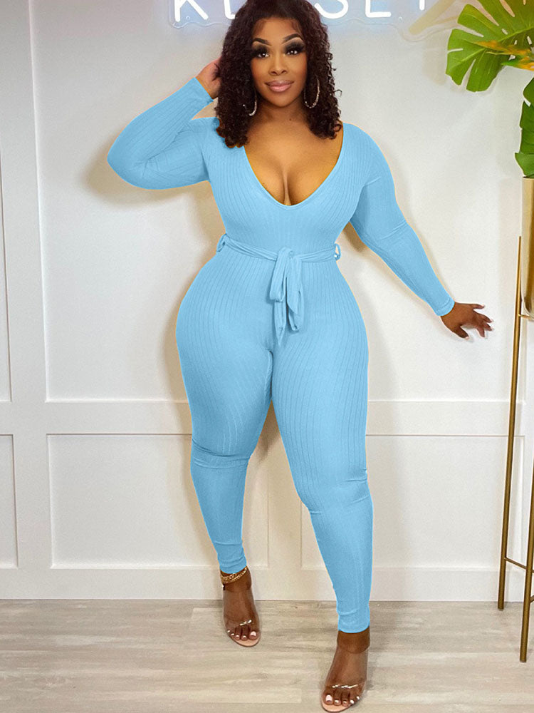 Long Sleeves Ribbed Belted Bodycon Jumpsuits Tiynon