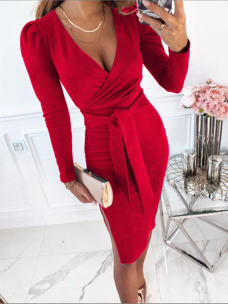 Long Sleeves Ruched Belted Bodycon Midi Dresses Tiynon