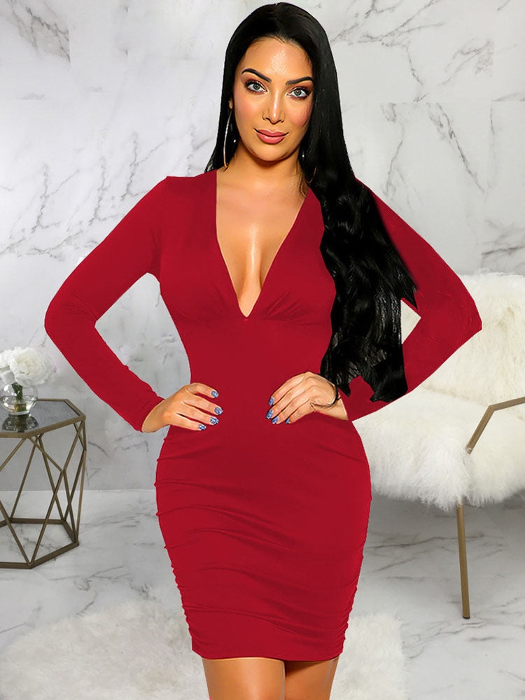 Long Sleeves Ruched Bodycon Mini Dresses Tiynon